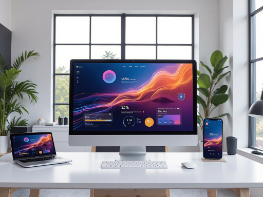 Digital marketing agency creative team working with AI tools, modern office environment with multiple screens displaying content creation interfaces