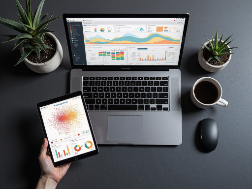 Tech startup social media campaign results showing engagement metrics, colorful data visualization charts with upward trending lines