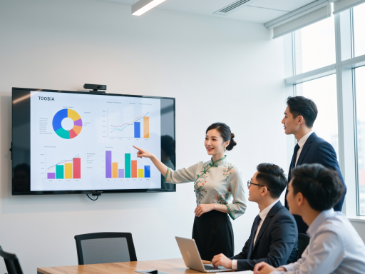 Brand marketing team reviewing AI-generated content reports, professional meeting room with presentation screen showing content performance data