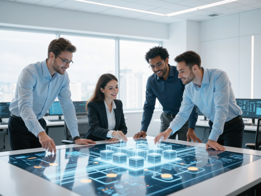 AI development team discussing project strategy, technical meeting with laptops and digital displays showing code and diagrams