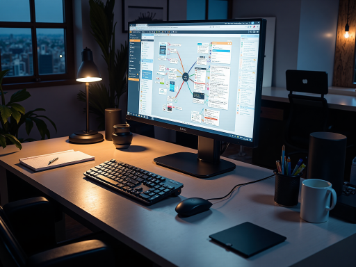 Creative designers using AI-powered design software, artistic workspace with multiple monitors displaying visual content