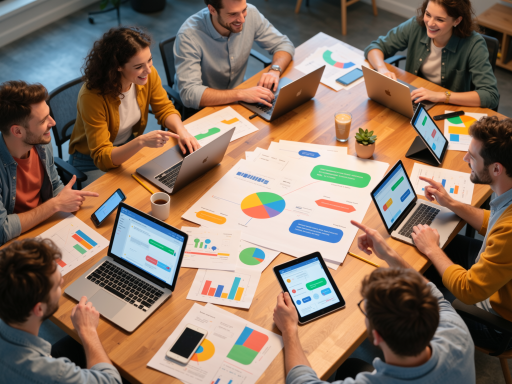 Marketing specialists analyzing AI-generated content performance, data-driven meeting with analytics dashboards